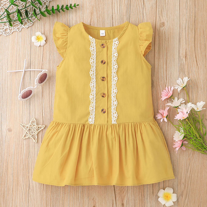 Girls Summer Flying Sleeve Dress Casual Baby Yellow Splicing Dress