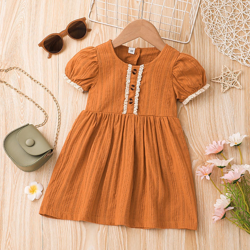 New summer shortsleeved dress casual little girl sweet solid color Aline skirt