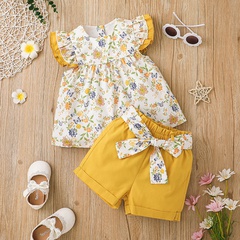Summer printed children's flying sleeve top shorts two-piece set girls pants