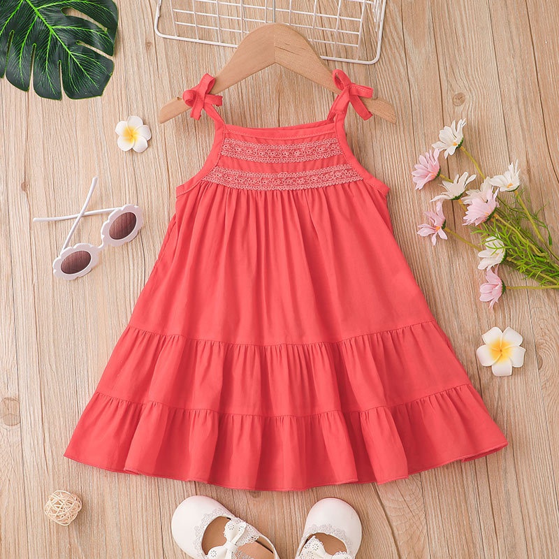 Girls Simple Baby Sling Dress Summer 2022 New Children39s Solid Color Bow Sleeve Dress