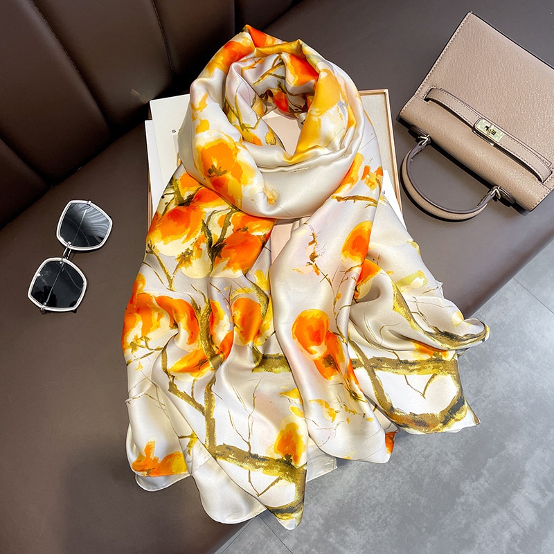 Persimmon printing retro simulation silk long scarf sunscreen large shawl