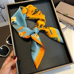 Korean new style stitching two-color blue orange flower 70cm mulberry silk silk scarf