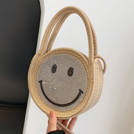 new smiling face shoulder female cute cotton linen small round fashion messenger bag 19*18*6.5cm's discount tags