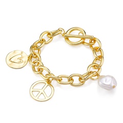 Baroque irregular hollow chain inlaid pearl heart shaped peace pendant bracelet