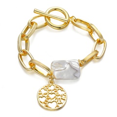 Baroque Inlaid Pearl Hollow Chain Heart Pendant OT Buckle Bracelet