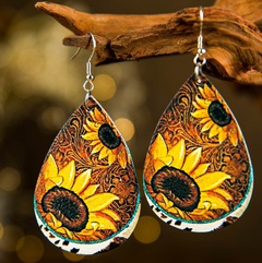 retro imitation wood carving sunflower flower leather double-sided leather earrings