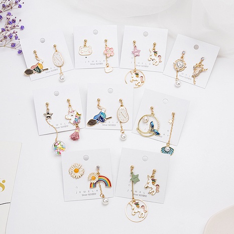 cartoon asymmetrical cute rabbit rainbow unicorn mermaid pearl earrings's discount tags