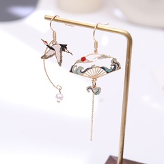 creative crane ancient fan asymmetric long tassel pearl painting oil drop earrings