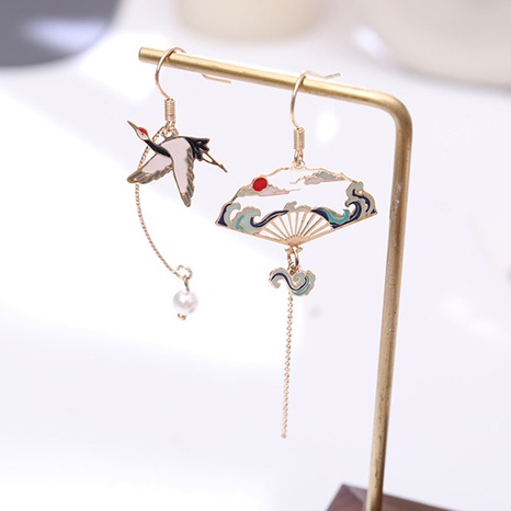 creative crane ancient fan asymmetric long tassel pearl painting oil drop earrings's discount tags