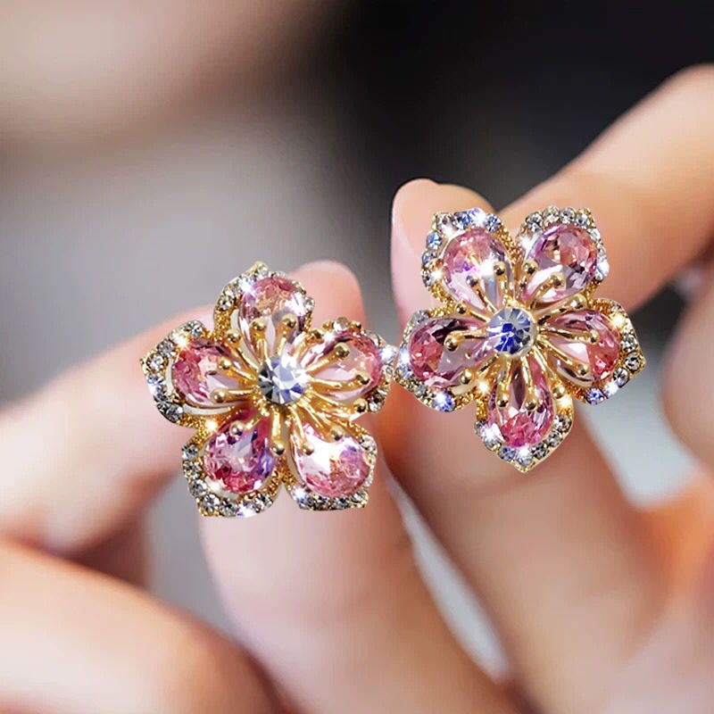 fashion flower zircon full rhinestone pink petal copper stud earrings wholesale