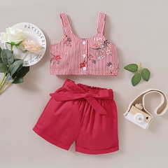 vertical strip short-sleeved top red shorts casual baby two-piece suit