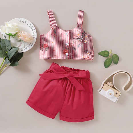 vertical strip short-sleeved top red shorts casual baby two-piece suit's discount tags