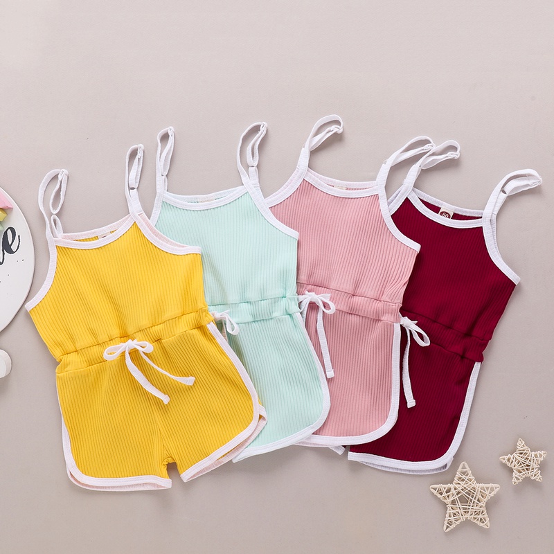 Summer solid color suspender jumpsuit fashion casual simple childrens clothing