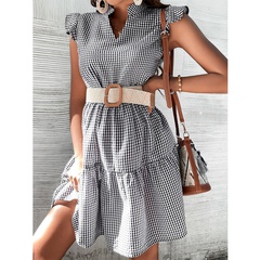 spring and summer new V-neck short-sleeved plaid skirt women's clothing