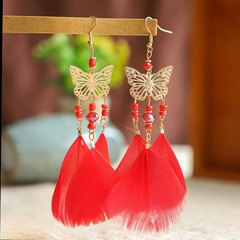 fashion butterfly tassel earrings feather long alloy earrings