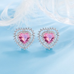fashion inlaid blue pink zircon hollow heart-shaped copper stud earrings