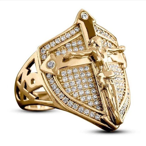 Bouclier d'or rétro bague Jésus bague en alliage de diamant pour hommes créatifs's discount tags