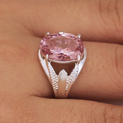 fashion large oval pink zircon ring women's copper silver-plated ring