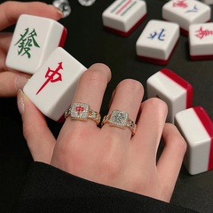 Retro real gold electroplating mahjong diamond square open alloy ring