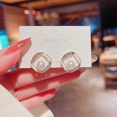 fashion square geometric inlaid pearl alloy stud earrings wholesale