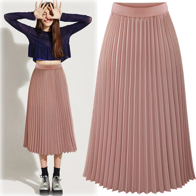 Fashion elastic waist solid color chiffon skirt pleated skirt