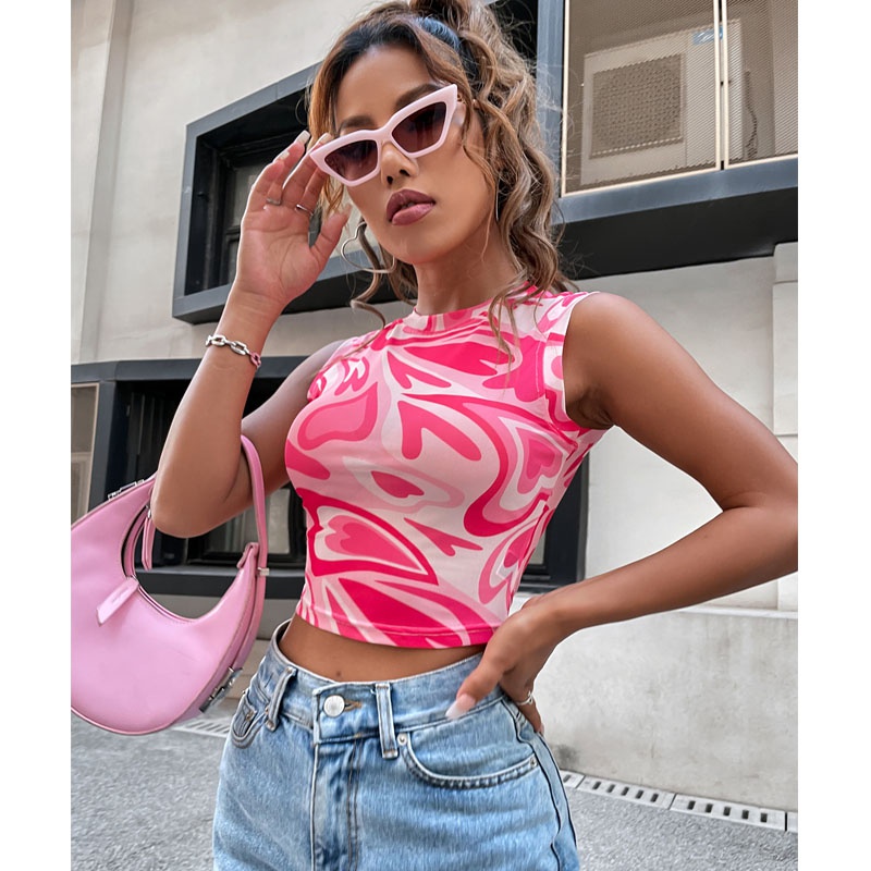 Fashion spring and summer new printed round neck sleeveless top womens clothing