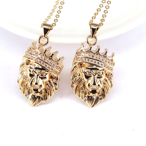 hip-hop crown lion head pendant micro-set zircon exaggerated copper necklace NHWEI648946's discount tags