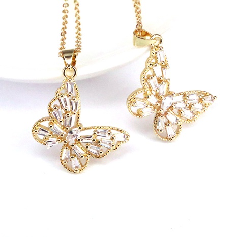 Simple Copper Gold Plated Ladder Cubic Zirconia Butterfly Pendant Necklace Wholesale NHWEI648959's discount tags