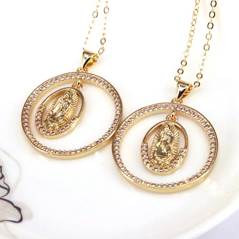 new hip-hop copper gold-plated hollow round inlaid zircon Jesus pendant necklace NHWEI648957's discount tags