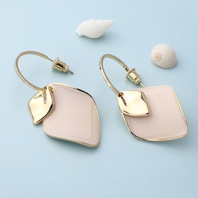 Simple classic geometric glossy light pink opal copper earrings