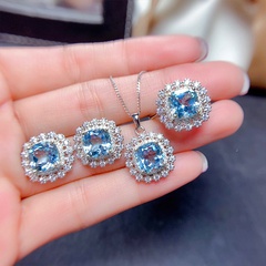 Luxury Copper Inlaid Colored Zircon Necklace Sea Blue Earrings Ring