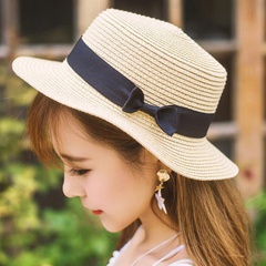 New simple tied rope flat-brimmed small bow shade sun beach straw hat