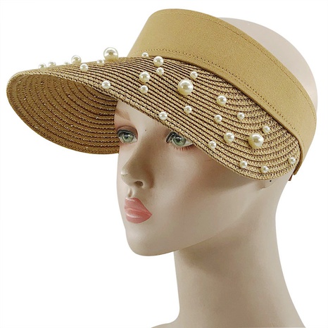Cosido a mano, perla, paja, parte superior vacía, ala de perla, cubierta de rafia, sombrero para el sol para mujer's discount tags