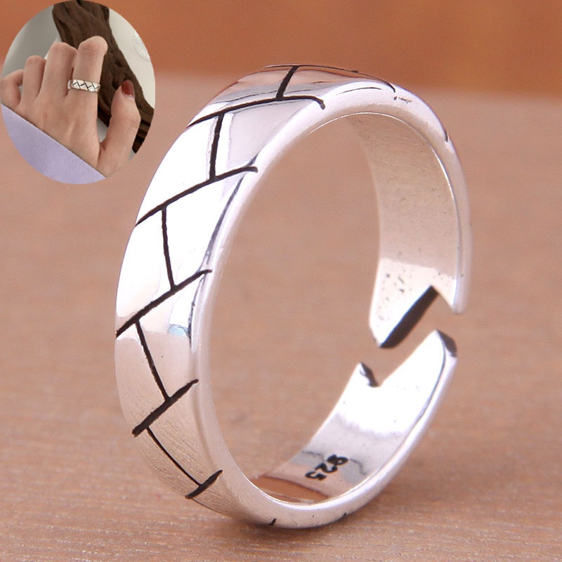 Korean retro simple geometric scratches open copper ring