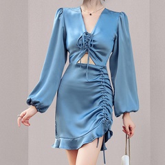 Fashion early autumn new v-neck blue long-sleeved waist dress