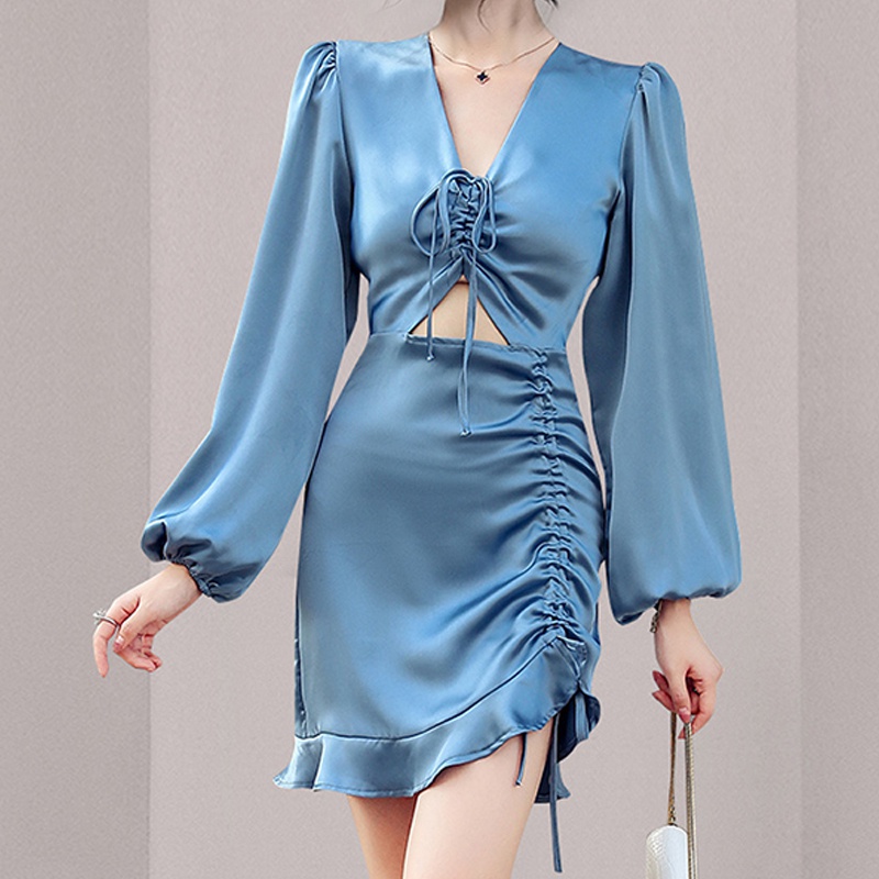 Fashion early autumn new vneck blue longsleeved waist dress