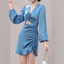 Fashion early autumn new vneck blue longsleeved waist dresspicture6