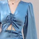 Fashion early autumn new vneck blue longsleeved waist dresspicture7