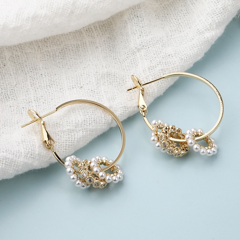 simple korean style multiple circles zircon pearl copper earrings