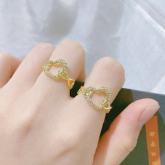 Fashion couple geometric zircon micro-set heart shaped opening adjustable copper ring