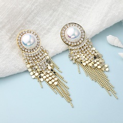 Korean round inlaid pearl zircon tassel geometric copper earrings