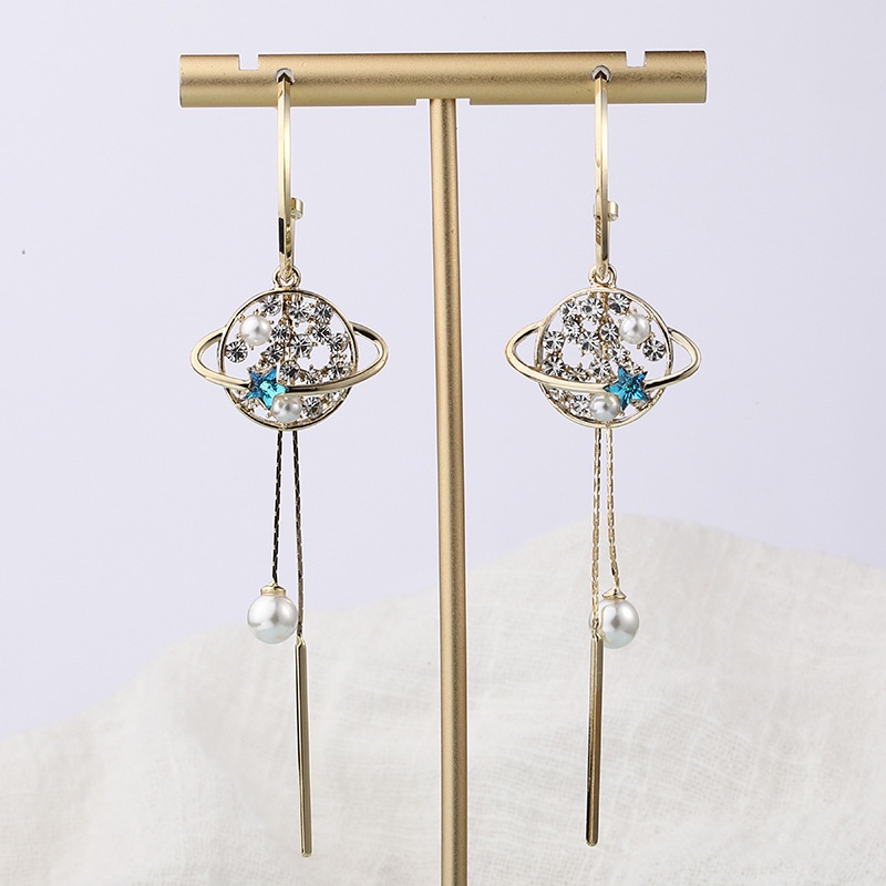 fashion geometric hollow planet copper inlaid zircon pearl earrings
