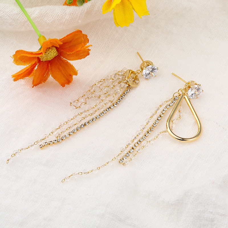 Light luxury niche long tassel copper zircon drop earrings