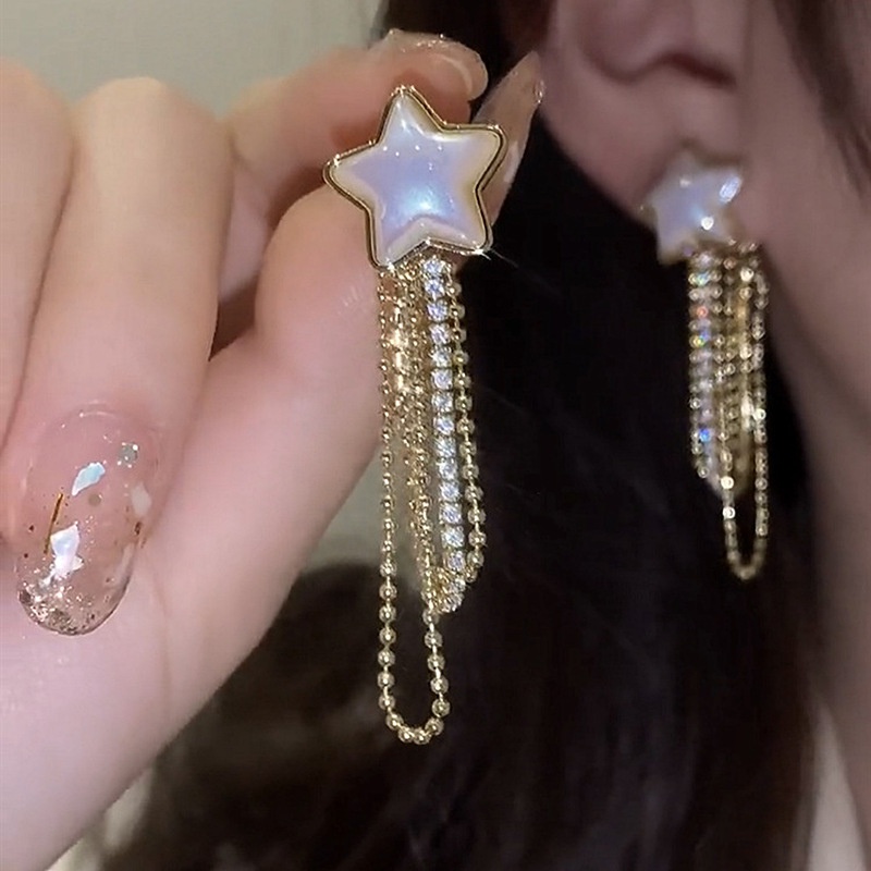 fivepointed star pearl diamond tassel Korean alloy earrings fashion