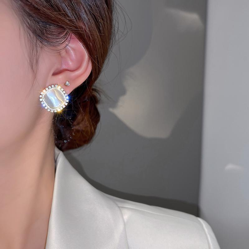 Real gold electroplating opal geometric square metal earrings