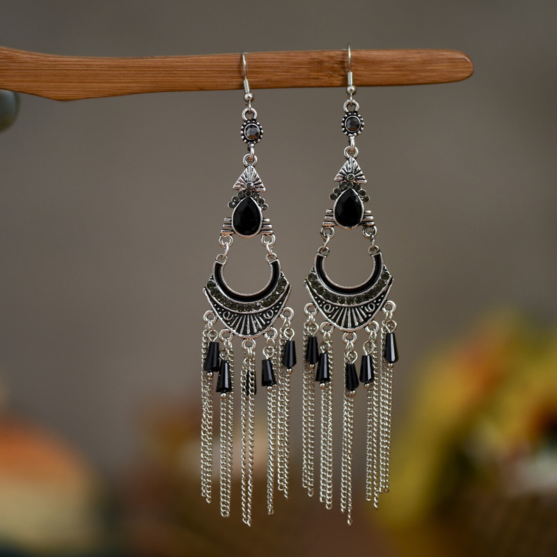 Fashion traditional tassel womens long ethnic crystal chain alloy earrings