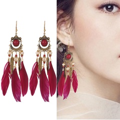 fashion retro tassel long feather earrings female beads fashion jewelry