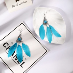 Fashion simple turquoise feather female retro ethnic long alloy earrings