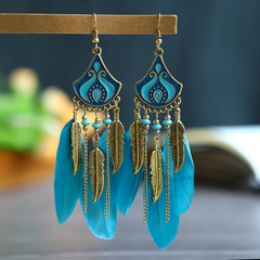 Fan-shaped leaf feather female retro exotic leaf tassel alloy earrings ethnic wind jewelry