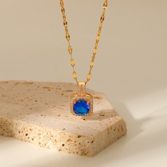 retro blue round trim square copper inlaid zirconium stainless steel necklace